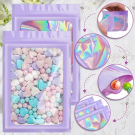 ANZNKU 100 Pack Mylar Bags Reasealable Holographic Bags, Smell Proof Bag Zipper Pouches with Clear Window, Jewelry Candy Sealable Bag for Packaging Sample Party Favor (Purple, 7.1 x 10.2 Inch)