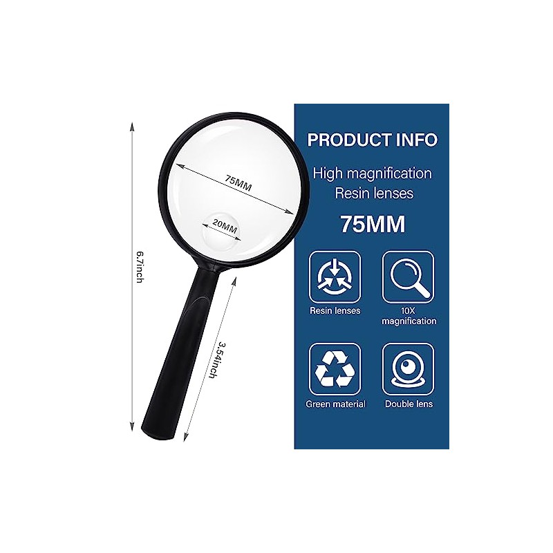 Feosky Handheld Reading Magnifier, 10X Magnifier, 75mm Shatterproof Lens, Adults