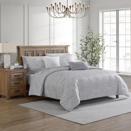 Tahari Home - Comforter Set, Jacquard 5-Piece Bedding with Matching Shams & Decorative Pillows, Ideal for All Seasons (Nikka Silver Grey, King)