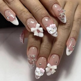 French Tip Press on Nails - Pink Cute KT Cat Almond Fake Nails - White French Nails Cartoon Press ons Cat Bow Star False Nails Tips Stick on Nails Artificial Nails Rhinestones Nails for Women 24pcs