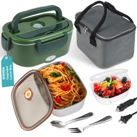 SOHIDA 2025 Upgraded 80W Heated Lunch Box with Insulated Bag, 1.5L SS Container with Lid & 0.45L Fruit Box Electric Lunch Box for Adults, 12V/24V/110V Portable Food Warmer for Home/Car/Truck (Green)