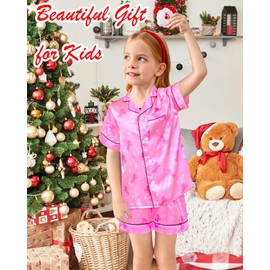 Kids Girls Satin Pajamas for Girls Short Sleeve Button Down Silky Pjs Girls' Sleepwear Set for Toddler Kids 5T Size 6 Pink Unicorn