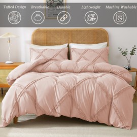MILDLY Pink Duvet Cover Boho - Tufted Comforter Cover Set Textured Geometric Beddinng Set Queen Size with Corner Ties & Zipper Closure