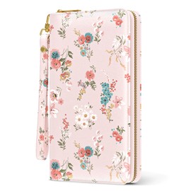 Nipichsha Womens Wallet, RFID Wristlet Wallet for Women, Cute Ladies Purse, Large Credit Card Clutch Wallets with Zipper & Phone Holder, Pink Flowers