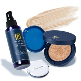 PLATINI Men's Cushion Foundation [Natural] 0.4 oz (11 g) + Skin Care Gel Lotion V, 3.4 fl oz (100 ml), 7 in 1 Set (1 Complete Makeup & 1 Complete Skin Care)