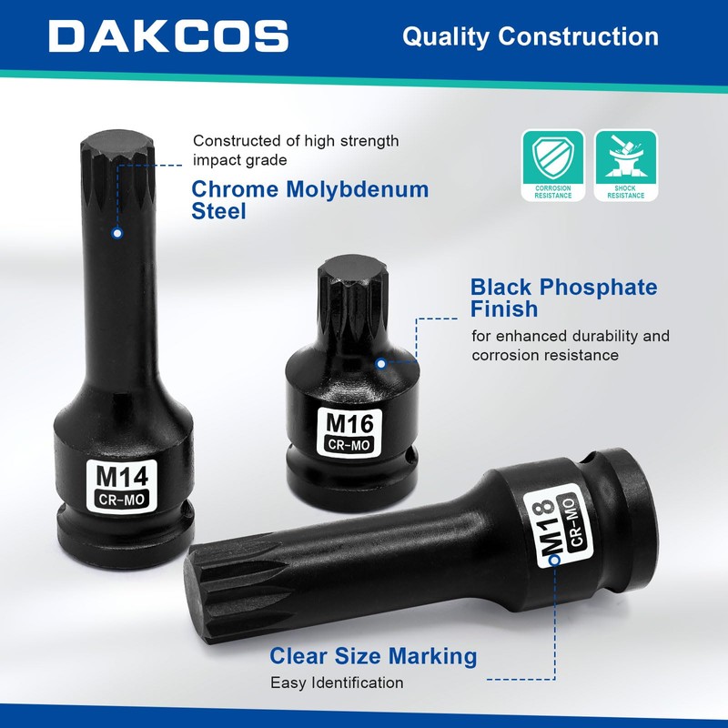 DAKCOS 1/2 Inch Impact XZN Bit Socket Set, M14 M16