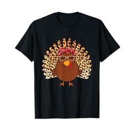 Women Thanksgiving Leopard Plaid Turkey Eyelashe Glasses T-Shirt