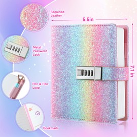 JIALILI Rainbow Diary with Lock for Girls, Lock Diary for Girls Age 8-12, Birthday Gifts for 9 10 11 12 Year Old Girls, Password Locked Journals for Teen Girls