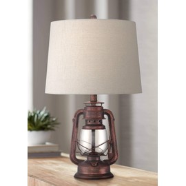 Murphy Rustic Industrial Accent Table Lamp Miner Lantern 23" High Red Bronze Clear Glass Oatmeal Fabric Drum Shade for Living Room Bedroom House Bedside Nightstand Home Office - Franklin Iron Works