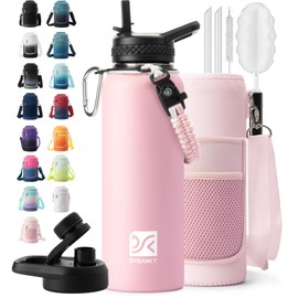 DYSANKY Insulated Water Bottle | Thickened Stainless Steel Vacuum Metal Thermos | Portable Sports Water Jug for Gym and Hiking with Straw, Carrier Bag, Handle Strap | BPA-Free 40 oz, Pink