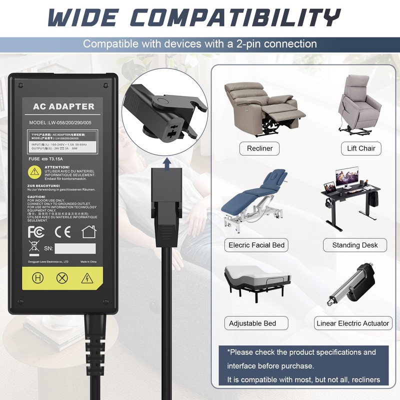 Replacement Recliner Power Cord, 2-Pin Universal Recliner Chair Power Supply,