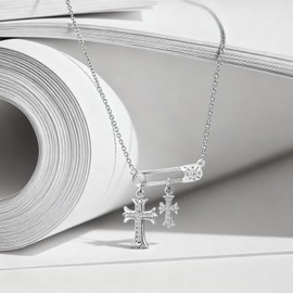 JOLINO Cross Necklace for Women, Silver Cubic Zirconia Two Cross Pendant Necklace, Dainty Cross Faith Necklaces Punk Goth Jewelry, 925 Sterling Silver 18K White Gold Plated, Aesthetic Necklace, Gift for Christian