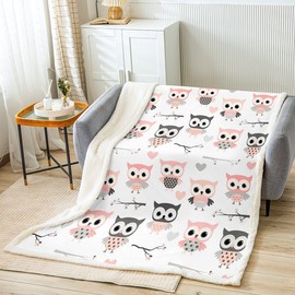 Homemissing Owl Blanket Girls Pink Cartoon Owl Print Blanket 130 x 150 cm for Children Teenagers Ultra Soft Cute Wild Birds Cuddly Blanket Heart Love Pattern Room Decor Flannel Fleece Blanket