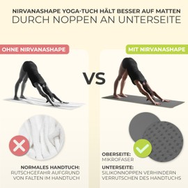 NirvanaShape® Hygienic Yoga Towel Non-Slip Hot Yoga Towel with Non-Slip Nubs for Yoga Mat 185 x 63 cm, grey