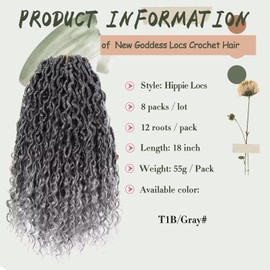 New Goddess Locs Crochet Hair 18 inch 8 Packs River Locs Crochet Hair Goddess Faux Locs Crochet Braid Hair with Curly Ends Boho Style Synthetic Hair Extensions(18" 8Packs T1B/Gray#)