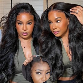 KLAIYI Yaki Straight Bye Bye Knots Glueless Wig 7x5 Precut Lace Front Wigs Human Hair Put On and Go Wigs for Beginners Pre Bleached Pre Plucked Pre Everything 3S Easy to Ready to Wear Kinky Wig 24Inch