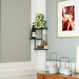 Love-KANKEI Corner Shelf Wall Mount of 3 Tier Rustic Wood Floating Shelves for Bedroom Living Room Bathroom Kitchen Office and More Black