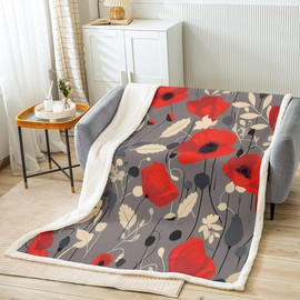 Feelyou Poppy Flower Fleece Throw Blanket Throw 50"x60" Kids Garden Floral Bltanical Plush Blanket for Boys Girls Teens Red Poppy Leaves Sherpa Blanket Dark Grey Fuzzy Blanket