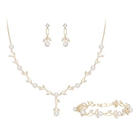 EVER FAITH Wedding Jewelry Sets for Bride, Gold Plated White Cubic Zirconia Simulated Pearl Leaf Filigree Bridal Party Necklace Earrings Bracelet Set for Women