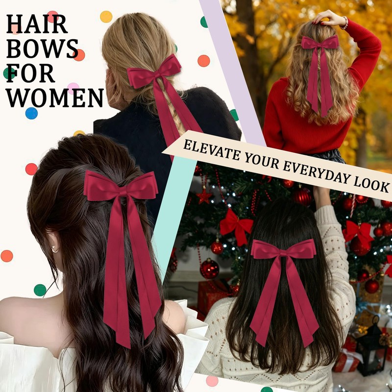 Wine Red Hair Bows Ribbon for Women Girls Gift 4Pcs