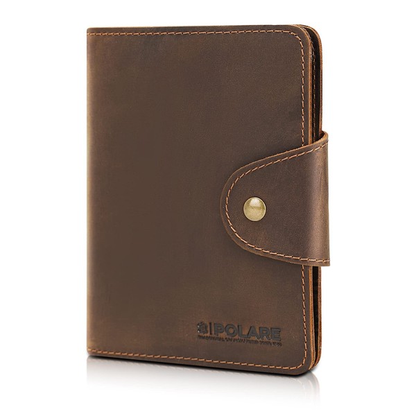 Polare Full Grain Leather Slim and Soft RFID Blocking wallet For Men Snap Bifold Travel Wallet Passport Holders 2 Passports (Dark Brown)
