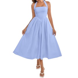 Parthea Women's Summer Halter Corset Midi Dress 2025 Elegant Smocked Flowy Wedding Guest Dresses with Pockets Blue