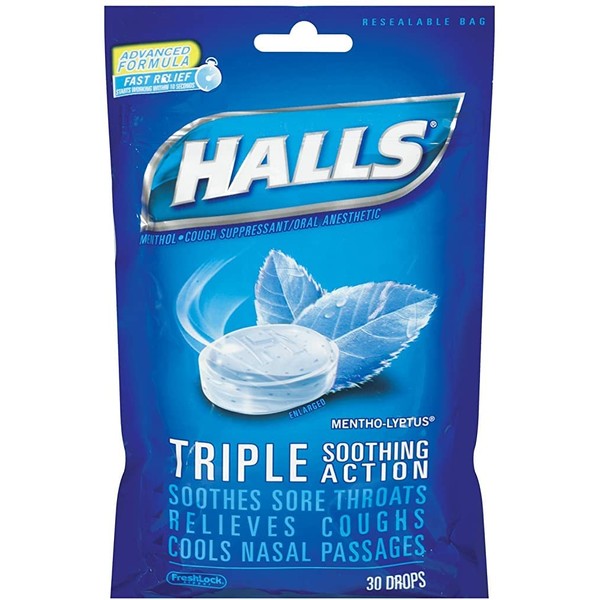 Halls Mentho-Lyptus Triple Soothing Action Cough Drops Resealable Bag 30 ct (Pack of 12)