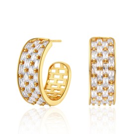 Dremmy Studios Gold Open Hoops Earrings 14K Gold Plated Mesh Cubic Zirconia Huggie Piercing C Shape Hoop Stud Jewelry