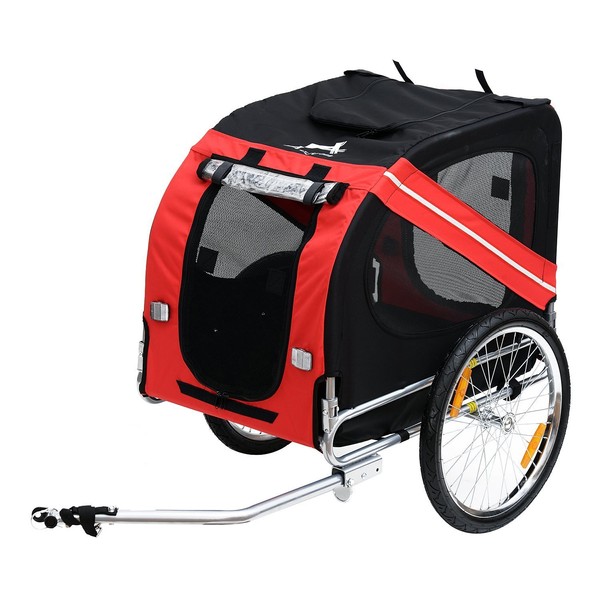 Aosom Dog Bike Trailer Pet Cart Bicycle Wagon Cargo Carrier Attachment for Travel with 3 Entrances Large Wheels for Off-Road & Mesh Screen - Red/ Black