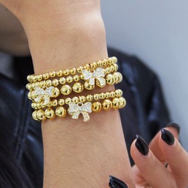 Fanquility 5Pcs Gold Bow Bracelet for Women Stretch Gold Beaded Bracelets Adjustable Bead Ball Bracelets Stackable Bow Bracelets Bow Accessories Jewelry (Gold)