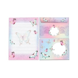 Writing Paper Set with 2 Writing Pads for Girls Kids Butterfly Flowers (1 Pad Colourful and 1 Pad for Colouring A5 with 25 Sheets Each + 25 Envelopes)