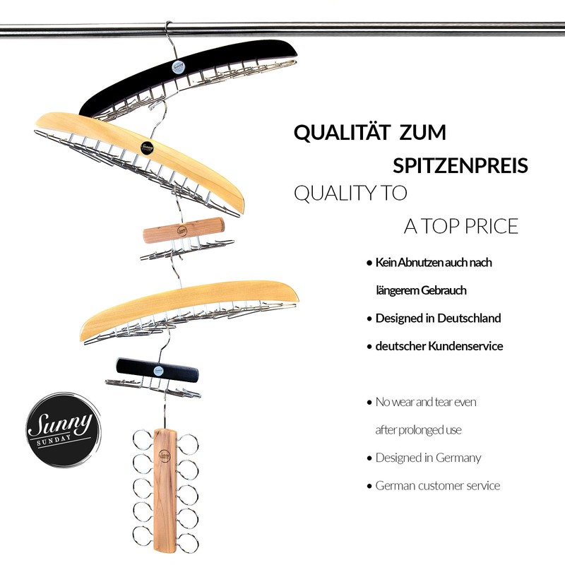 SUNNY SUNDAY ® Wooden Clothes Hanger, Tie Holder, Wardrobe Organiser