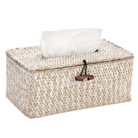 BTSKY Household Rectangular Seagrass Facial Tissue Box - Decorative Woven Wicker Tissue Paper Holder Tissue Holder Organizer for Kitchen, Bathroom, Office and Hotel, Whitewash