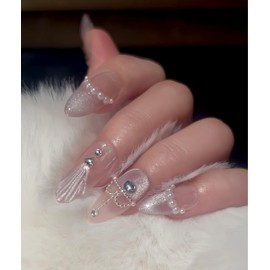 Handmade Press On Nails impress Fake Nails Medium Almond 3D Sea Shell Diamond Pearl purple Glossy Rhinestones Finger Manicure glue False press ons Nail Artificial (L size)