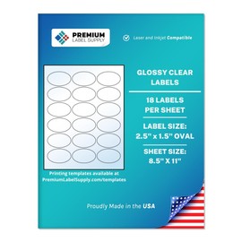 Premium Label Supply Glossy Clear Sticker Oval Labels – 2.5” x 1.5" Oval – Laser/Inkjet Compatible – (18 Labels/Sheet), 10 Sheets – 180 Total Adhesive Labels