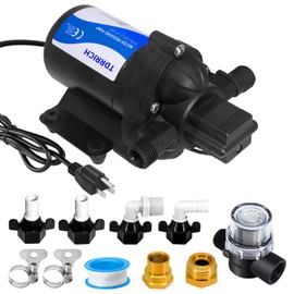 TDRRICH 110V AC Water Pressure Pump for RV,3-Chamber High Power Camper Water Pump with Filter Power Plug,5.0GPM 70PSI Electric Self Priming Inline On Demand washdown Water Pump for Marine Yacht Garden