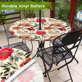 Britown Flower Round Outdoor Tablecloth With Umbrella Hole, Retro Fitted Table Cover With Zipper, Outdoor Camping Essentials, Waterproof Umbrella Table Cloth with elastic (45''-54'')