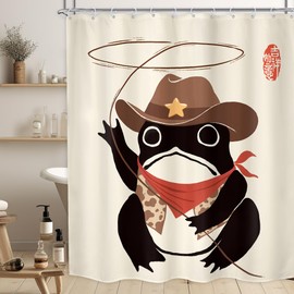 LGhtyro Funny Cowboy Frog Shower Curtain Bathroom Set 60Wx71H Inches Western Rodeo Animal Cute Hat Retro Asian Traditional Japanese Art Bath Accessories Black Beige Art Home Decor Fabric 12 Pack Hooks