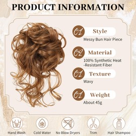 Mtuihfo Curly Wavy Messy Bun Hair Piece - Synthetic Heat-Resistant Fake Hair Bun - Dark Golden Brown