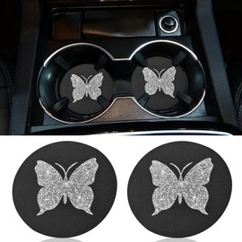 GAOLAOSY 2PCS Bling Butterfly Car Coasters, 2.75'' Anti Slip Insert Cup Holder Coaster, Rhinestone Vehicle Cup Holder Decoration Pad, Universal Auto Interior Drink Water Bottle Mat Accessory (Sliver)