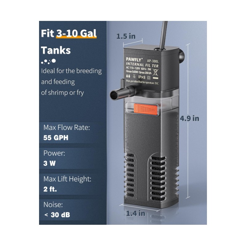 Pawfly Internal Aquarium Filter Submersible Power Filter with Water Pump
