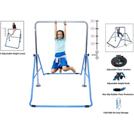 Athletic Bar Jungle Gym Gymnastics Kip Bar Deluxe Swing Set + 2x6 Gymnastics Mat, Playground Playset Horizontal Gymnastics Monkey Bars Expandable Junior Training Bar Foldable Blue