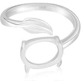 Beebeecraft 1 Box 1 Piece Open Cuff Ring Accessories with Leaves Rhodium-Plated 925 Ring Blanks Made of 10 mm Sterling Silver Oval Prong Ring Settings for Jewellery Making DIY Crafts