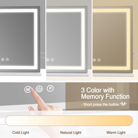 Large Lighted Vanity Mirror with Lights, 23" x 19" Light Up Make up Mirror with Smart Touch 3 Colors Dimmable, Tabletop or Wall-Mounted, Memory Function