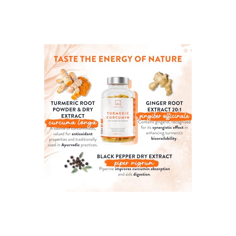 AAVALABS Turmeric and Black Pepper Capsules with Ginger Root Extract