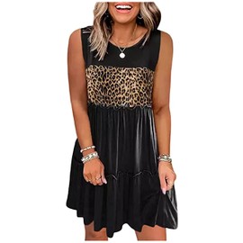 LANMERTREE Leopard Color Block Ruffled Sleeveless Mini Dress Womens Casual Sleeveless Loose Flowy Swing Shift Dress Boho Dress(Leopard Black1,L)
