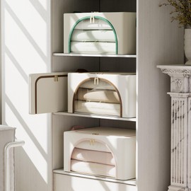 Furnhome 3 pack Clothes Storage Bins with metal Frame, sweater storage for closet, Stackable Storage bins for clothes, Foldable Clothing Storage bins with Cedar Blocks& Windows&Zippers|70L-Dark Green