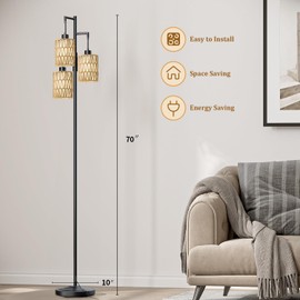 Oneach 70" Floor Lamps for Living Room, Stepless Dimmable Boho Floor Lamp with 3 Bulbs, Tall Farmhouse Industrial Corner Standing Tree Lamp for Bedroom, Office, Study Room, Rattan with Linen Shade