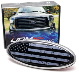 iJDMTOY 9-Inch Distressed Grayscale US Flag Design Front Grille Oval Emblem Badge Replacement Compatible with Ford 2004-14 F150, 2005-07 F250/F350, 2011-14 Edge, 2011-16 Explorer