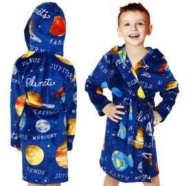 Baogaier Bathrobe Hood Children's Dressing Gown Flannel Sleepwear Robe Terry Cloth Long Sleeves Soft Sleepsuit Bathrobe Pyjamas Waist Belt Cute Animal Pattern for Girls Boys Age 1-7 Years, Blue Planet